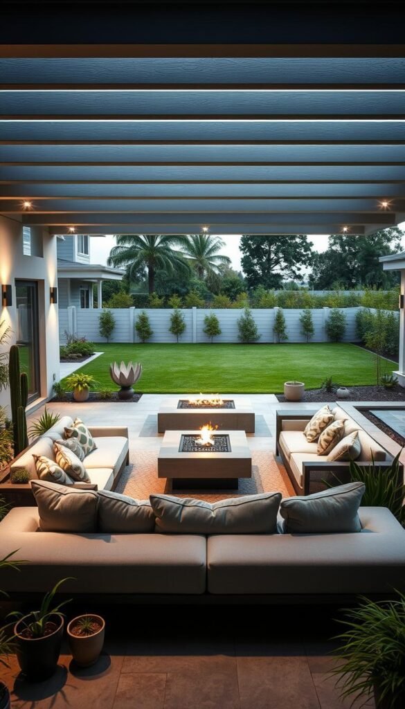 A contemporary backyard oasis, with a sleek patio design featuring clean lines and a neutral color palette. In the foreground, a modern low-profile sectional sofa adorned with plush throw pillows invites relaxation. Surrounding the sitting area, potted plants and sculptural garden accents create a serene, nature-inspired ambiance. Overhead, a minimalist pergola casts gentle shadows, complemented by strategically placed recessed lighting to illuminate the space in the evenings. In the middle ground, a large, rectangular fire pit anchors the space, its warm glow reflecting on the smooth concrete pavers. Beyond, a lush green lawn extends into the background, framed by a modern, low-maintenance fence that blends seamlessly with the overall design. A contemporary backyard oasis, with a sleek patio design featuring clean lines and a neutral color palette. In the foreground, a modern low-profile sectional sofa adorned with plush throw pillows invites relaxation. Surrounding the sitting area, potted plants and sculptural garden accents create a serene, nature-inspired ambiance. Overhead, a minimalist pergola casts gentle shadows, complemented by strategically placed recessed lighting to illuminate the space in the evenings. In the middle ground, a large, rectangular fire pit anchors the space, its warm glow reflecting on the smooth concrete pavers. Beyond, a lush green lawn extends into the background, framed by a modern, low-maintenance fence that blends seamlessly with the overall design.