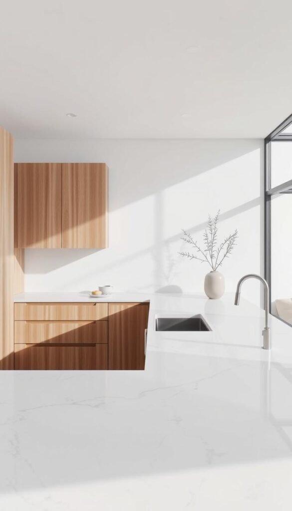 A contemporary kitchen countertop design in a well-lit, airy space. A sleek, white marble surface with subtle grey veining reflects the soft natural light streaming through large windows. The countertop seamlessly integrates with minimalist cabinetry in a warm, muted wood tone. Carefully curated decor elements, such as a potted plant and a modern ceramic vase, accentuate the minimalist aesthetic. The scene conveys a sense of understated elegance and timeless sophistication. A contemporary kitchen countertop design in a well-lit, airy space. A sleek, white marble surface with subtle grey veining reflects the soft natural light streaming through large windows. The countertop seamlessly integrates with minimalist cabinetry in a warm, muted wood tone. Carefully curated decor elements, such as a potted plant and a modern ceramic vase, accentuate the minimalist aesthetic. The scene conveys a sense of understated elegance and timeless sophistication.