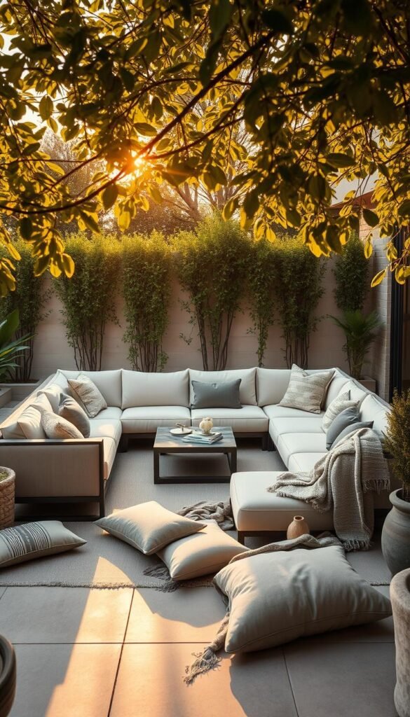 A contemporary patio adorned with a stylish modular seating arrangement, bathed in warm, golden sunlight. In the foreground, a plush, L-shaped sectional with clean lines and neutral tones, complemented by a low-profile coffee table with a sleek, minimalist design. Midground features scattered accent pillows and throws in muted hues, adding pops of color and texture. The background showcases lush, verdant foliage framing the setting, creating a serene and inviting outdoor oasis. The scene is captured with a wide-angle lens, highlighting the harmonious balance of form and function in this versatile, modern patio furniture arrangement. A contemporary patio adorned with a stylish modular seating arrangement, bathed in warm, golden sunlight. In the foreground, a plush, L-shaped sectional with clean lines and neutral tones, complemented by a low-profile coffee table with a sleek, minimalist design. Midground features scattered accent pillows and throws in muted hues, adding pops of color and texture. The background showcases lush, verdant foliage framing the setting, creating a serene and inviting outdoor oasis. The scene is captured with a wide-angle lens, highlighting the harmonious balance of form and function in this versatile, modern patio furniture arrangement.