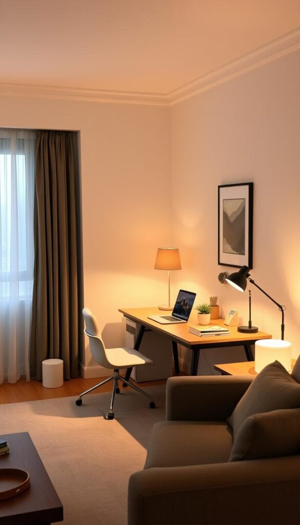 A cozy 12x14 living room with a minimalist office setup in the corner. Soft, warm lighting from a floor lamp and table lamps illuminates the space, creating a inviting, productive atmosphere. A sleek, wood-topped desk with a laptop, plant, and a few neatly organized office supplies sits adjacent to a comfortable armchair and side table. The room is decorated with neutral tones, natural textures, and a few carefully selected decor pieces that tie the living and work areas together seamlessly. Indirect light filters through sheer curtains, casting a gentle glow across the space. The overall aesthetic is refined, functional, and perfectly suited for a small-scale living room office. A cozy 12x14 living room with a minimalist office setup in the corner. Soft, warm lighting from a floor lamp and table lamps illuminates the space, creating a inviting, productive atmosphere. A sleek, wood-topped desk with a laptop, plant, and a few neatly organized office supplies sits adjacent to a comfortable armchair and side table. The room is decorated with neutral tones, natural textures, and a few carefully selected decor pieces that tie the living and work areas together seamlessly. Indirect light filters through sheer curtains, casting a gentle glow across the space. The overall aesthetic is refined, functional, and perfectly suited for a small-scale living room office.