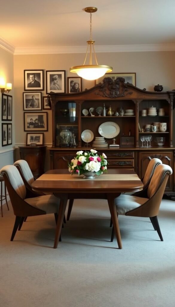 A cozy 1950s dining room with a warm, inviting atmosphere. In the foreground, a mid-century modern table with sleek, tapered legs, adorned with a vintage tablecloth and a centerpiece of fresh flowers. Surrounding the table, classic wooden chairs with plush, tufted upholstery. On the walls, a gallery of framed black-and-white photographs and artwork, casting a soft, nostalgic glow. In the background, a large, ornate buffet or sideboard, its drawers and cabinets filled with vintage china, crystal decanters, and other curated dining accents. A single, suspended light fixture casts a gentle, golden light over the entire scene, creating a timeless, sophisticated ambiance. A cozy 1950s dining room with a warm, inviting atmosphere. In the foreground, a mid-century modern table with sleek, tapered legs, adorned with a vintage tablecloth and a centerpiece of fresh flowers. Surrounding the table, classic wooden chairs with plush, tufted upholstery. On the walls, a gallery of framed black-and-white photographs and artwork, casting a soft, nostalgic glow. In the background, a large, ornate buffet or sideboard, its drawers and cabinets filled with vintage china, crystal decanters, and other curated dining accents. A single, suspended light fixture casts a gentle, golden light over the entire scene, creating a timeless, sophisticated ambiance.