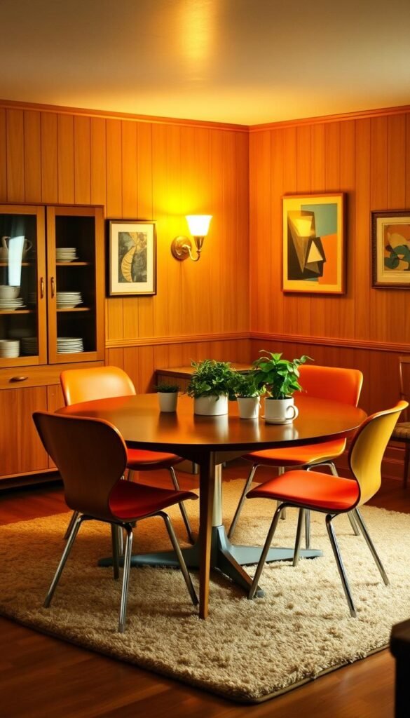 A cozy 1950s dining room with mid-century modern furnishings. Soft, warm lighting illuminates a sleek, teak dining table surrounded by iconic Eames chairs in bold, vibrant upholstery. Streamlined, teak-framed china cabinets with glass doors flank the table, showcasing a display of vintage tableware. The walls are clad in warm-toned, wood-paneled wainscoting, with abstract art prints and a brass wall sconce adding a touch of retro elegance. Lush, potted plants on the table and a plush, patterned area rug beneath tie the space together, creating an inviting, nostalgic atmosphere. A cozy 1950s dining room with mid-century modern furnishings. Soft, warm lighting illuminates a sleek, teak dining table surrounded by iconic Eames chairs in bold, vibrant upholstery. Streamlined, teak-framed china cabinets with glass doors flank the table, showcasing a display of vintage tableware. The walls are clad in warm-toned, wood-paneled wainscoting, with abstract art prints and a brass wall sconce adding a touch of retro elegance. Lush, potted plants on the table and a plush, patterned area rug beneath tie the space together, creating an inviting, nostalgic atmosphere.