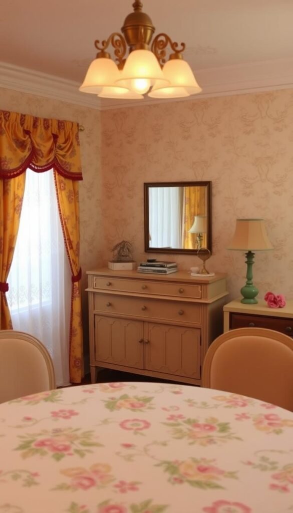 A cozy 1950s-inspired dining room, bathed in warm, soft lighting. The foreground features a vintage-style dining table with a delicate floral tablecloth, complemented by matching upholstered chairs. Midground showcases a classic sideboard adorned with intricate embroidered curtains in a vibrant, retro pattern. The background reveals elegant wallpaper in a subtle, mid-century inspired design, creating a harmonious and inviting atmosphere. The overall scene evokes a sense of timeless charm and nostalgia, perfectly capturing the essence of 1950s dining room decor and textiles. A cozy 1950s-inspired dining room, bathed in warm, soft lighting. The foreground features a vintage-style dining table with a delicate floral tablecloth, complemented by matching upholstered chairs. Midground showcases a classic sideboard adorned with intricate embroidered curtains in a vibrant, retro pattern. The background reveals elegant wallpaper in a subtle, mid-century inspired design, creating a harmonious and inviting atmosphere. The overall scene evokes a sense of timeless charm and nostalgia, perfectly capturing the essence of 1950s dining room decor and textiles.