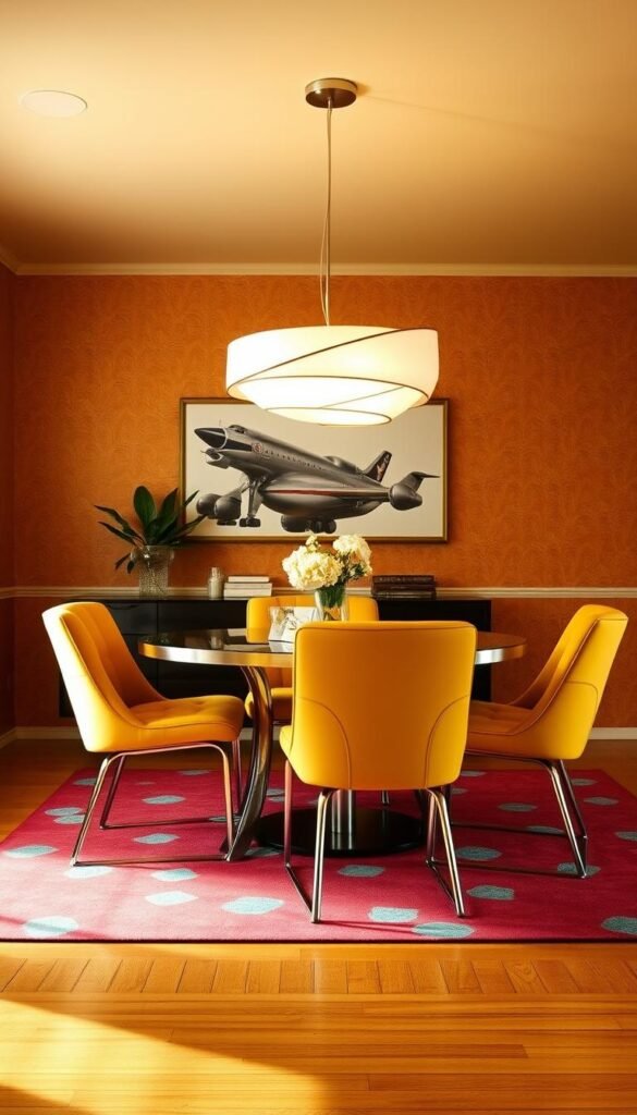 A cozy 1950s-style dining room, bathed in a warm, inviting glow. The walls are adorned with a rich, retro wallpaper in shades of burnt orange and avocado green, creating a nostalgic ambiance. A sleek, oval-shaped dining table, its chrome legs gleaming, is surrounded by plush, tufted chairs upholstered in a vibrant mustard yellow. A large, swirling light fixture suspended from the ceiling casts a soft, diffused light, accentuating the room's mid-century charm. The hardwood floor is covered with a patterned area rug in shades of red and turquoise, tying the color palette together seamlessly. The scene exudes a sense of timeless elegance and a touch of retro-inspired sophistication. A cozy 1950s-style dining room, bathed in a warm, inviting glow. The walls are adorned with a rich, retro wallpaper in shades of burnt orange and avocado green, creating a nostalgic ambiance. A sleek, oval-shaped dining table, its chrome legs gleaming, is surrounded by plush, tufted chairs upholstered in a vibrant mustard yellow. A large, swirling light fixture suspended from the ceiling casts a soft, diffused light, accentuating the room's mid-century charm. The hardwood floor is covered with a patterned area rug in shades of red and turquoise, tying the color palette together seamlessly. The scene exudes a sense of timeless elegance and a touch of retro-inspired sophistication.