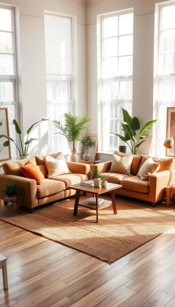 A cozy and balanced living room with two plush, earthy-toned couches positioned in a symmetrical arrangement. Soft lighting filters through large windows, casting a warm glow on the space. Strategically placed decor elements like potted plants, a wooden coffee table, and textured rugs create a harmonious and inviting atmosphere. The layout emphasizes visual balance, with the couches anchoring the room and drawing the eye towards the central seating area. Subtle pops of color in the form of throw pillows and artwork add visual interest without overwhelming the soothing, neutral palette. An overall sense of comfort and tranquility pervades the scene. A cozy and balanced living room with two plush, earthy-toned couches positioned in a symmetrical arrangement. Soft lighting filters through large windows, casting a warm glow on the space. Strategically placed decor elements like potted plants, a wooden coffee table, and textured rugs create a harmonious and inviting atmosphere. The layout emphasizes visual balance, with the couches anchoring the room and drawing the eye towards the central seating area. Subtle pops of color in the form of throw pillows and artwork add visual interest without overwhelming the soothing, neutral palette. An overall sense of comfort and tranquility pervades the scene.
