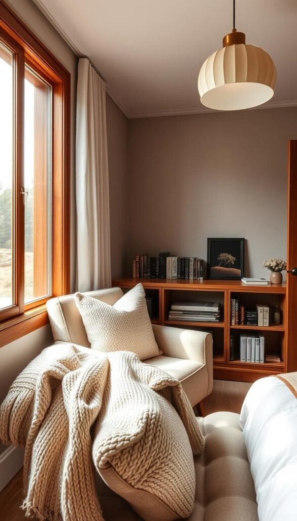 A cozy and inviting bedroom design with a comfortable reading nook. The foreground features a plush armchair positioned next to a wood-framed window, allowing natural light to filter in. Soft, neutral-toned textiles, including a knitted throw and accent pillows, create a warm and welcoming atmosphere. The middle ground showcases a low bookshelf or built-in unit, housing an assortment of books and decorative accents. In the background, a neutral-toned wall with subtle texture provides a calming backdrop, while a pendant light fixture casts a soft, ambient glow throughout the space. The overall scene exudes a sense of relaxation and tranquility, perfect for curling up with a good book. A cozy and inviting bedroom design with a comfortable reading nook. The foreground features a plush armchair positioned next to a wood-framed window, allowing natural light to filter in. Soft, neutral-toned textiles, including a knitted throw and accent pillows, create a warm and welcoming atmosphere. The middle ground showcases a low bookshelf or built-in unit, housing an assortment of books and decorative accents. In the background, a neutral-toned wall with subtle texture provides a calming backdrop, while a pendant light fixture casts a soft, ambient glow throughout the space. The overall scene exudes a sense of relaxation and tranquility, perfect for curling up with a good book.