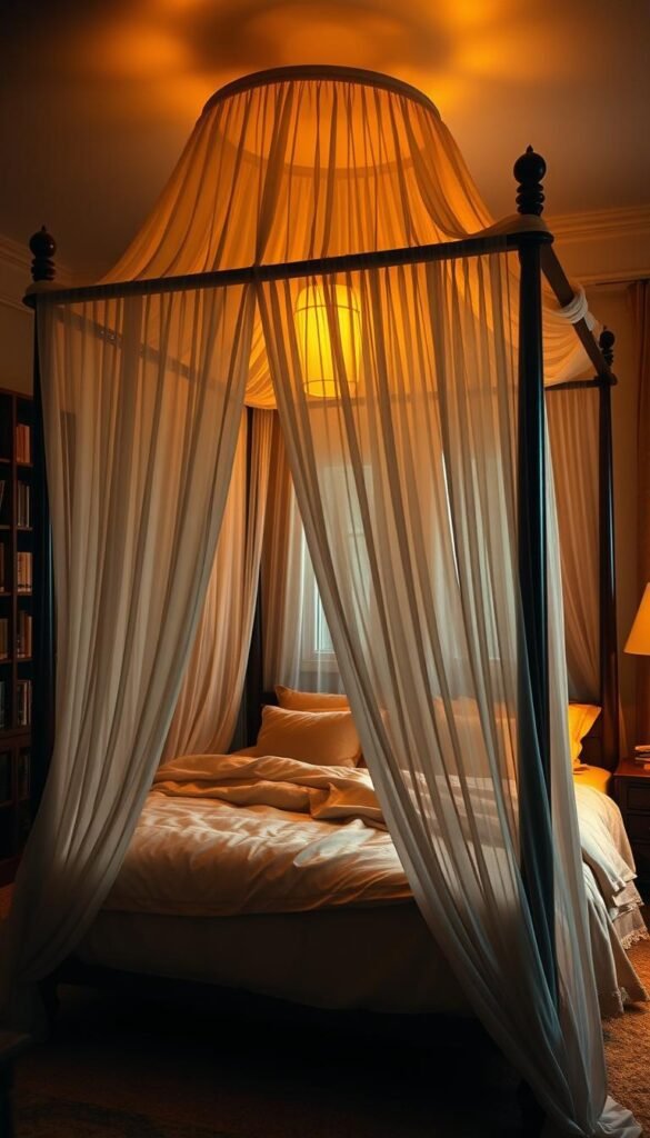 A cozy and inviting bedroom with a plush, four-poster bed draped in a sheer, flowing canopy. The room is bathed in warm, golden lighting, creating a serene and intimate ambiance. The bed is the focal point, surrounded by soft, neutral-toned bedding and throw pillows. In the background, a wall of bookshelves and a cozy reading nook add depth and character to the space. The overall mood is one of comfort, relaxation, and a touch of elegant drama, perfectly capturing the essence of a bedroom with a captivating bed canopy. A cozy and inviting bedroom with a plush, four-poster bed draped in a sheer, flowing canopy. The room is bathed in warm, golden lighting, creating a serene and intimate ambiance. The bed is the focal point, surrounded by soft, neutral-toned bedding and throw pillows. In the background, a wall of bookshelves and a cozy reading nook add depth and character to the space. The overall mood is one of comfort, relaxation, and a touch of elegant drama, perfectly capturing the essence of a bedroom with a captivating bed canopy.