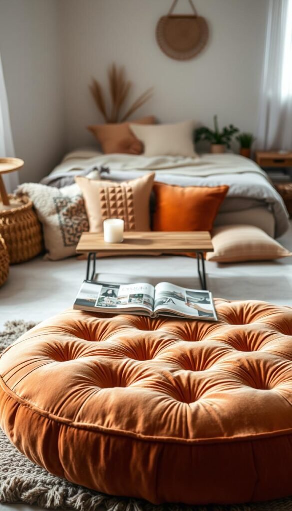 A cozy and inviting bedroom with a plush, tufted floor cushion positioned in the foreground, surrounded by a neatly arranged collection of decorative throw pillows in warm, earthy tones. The room is bathed in soft, diffused lighting, creating a serene and tranquil atmosphere. In the middle ground, a low wooden coffee table stands, topped with a scented candle and a stack of inspiring design magazines. The background features a partially visible bed with simple, neutral bedding, complemented by natural elements such as potted plants and a woven basket. The overall scene conveys a sense of comfort, relaxation, and a touch of bohemian-inspired style. A cozy and inviting bedroom with a plush, tufted floor cushion positioned in the foreground, surrounded by a neatly arranged collection of decorative throw pillows in warm, earthy tones. The room is bathed in soft, diffused lighting, creating a serene and tranquil atmosphere. In the middle ground, a low wooden coffee table stands, topped with a scented candle and a stack of inspiring design magazines. The background features a partially visible bed with simple, neutral bedding, complemented by natural elements such as potted plants and a woven basket. The overall scene conveys a sense of comfort, relaxation, and a touch of bohemian-inspired style.