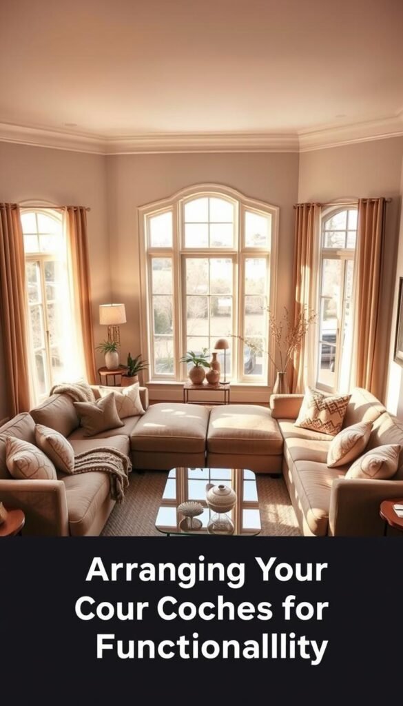 A cozy and inviting living room with two plush, L-shaped sofas arranged in a harmonious layout. The room is bathed in warm, golden lighting, creating a comforting ambiance. Soft textures, such as knitted throws and plush pillows, adorn the sofas, adding to the overall sense of coziness. The space features a neutral color palette, with touches of earthy tones and natural materials, like wooden side tables and a sleek, glass-topped coffee table. Large windows allow ample natural light to filter in, enhancing the airy and welcoming atmosphere. This layout prioritizes functionality, encouraging conversation and relaxation, perfectly suited for the "Arranging Your Couches for Functionality" section of the article. A cozy and inviting living room with two plush, L-shaped sofas arranged in a harmonious layout. The room is bathed in warm, golden lighting, creating a comforting ambiance. Soft textures, such as knitted throws and plush pillows, adorn the sofas, adding to the overall sense of coziness. The space features a neutral color palette, with touches of earthy tones and natural materials, like wooden side tables and a sleek, glass-topped coffee table. Large windows allow ample natural light to filter in, enhancing the airy and welcoming atmosphere. This layout prioritizes functionality, encouraging conversation and relaxation, perfectly suited for the "Arranging Your Couches for Functionality" section of the article.