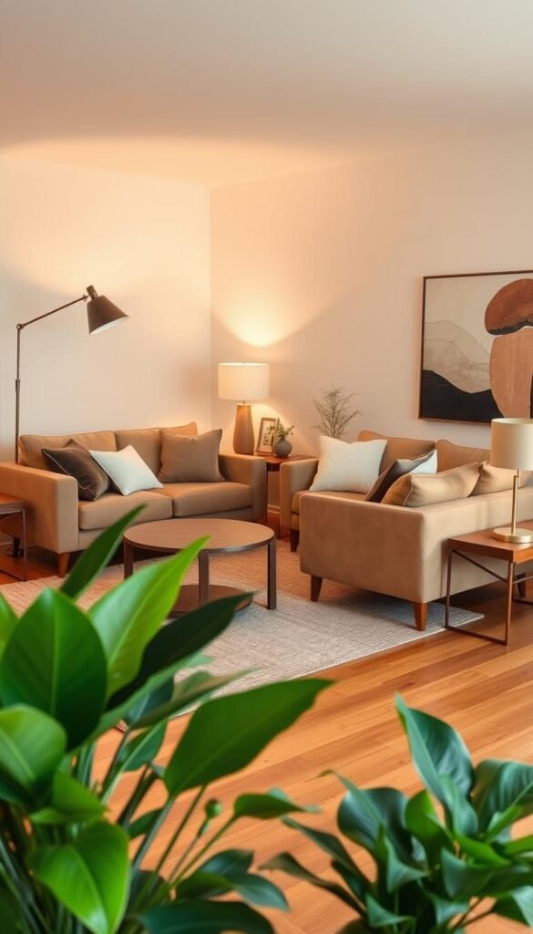A cozy and inviting living room with two plush, mid-century modern couches in a warm, neutral color palette. The couches are arranged in an L-shape, creating a intimate conversation area. Soft, diffused lighting from a large, angular floor lamp and a pair of table lamps on sleek, wooden end tables bathes the space in a gentle glow. Lush, potted plants in the foreground and abstract artwork on the walls add pops of natural greenery and visual interest. The hardwood floors are covered by a large, textured area rug that ties the room together. The overall atmosphere is one of relaxation and sophistication, perfectly suited for a cozy and stylish living room. A cozy and inviting living room with two plush, mid-century modern couches in a warm, neutral color palette. The couches are arranged in an L-shape, creating a intimate conversation area. Soft, diffused lighting from a large, angular floor lamp and a pair of table lamps on sleek, wooden end tables bathes the space in a gentle glow. Lush, potted plants in the foreground and abstract artwork on the walls add pops of natural greenery and visual interest. The hardwood floors are covered by a large, textured area rug that ties the room together. The overall atmosphere is one of relaxation and sophistication, perfectly suited for a cozy and stylish living room.