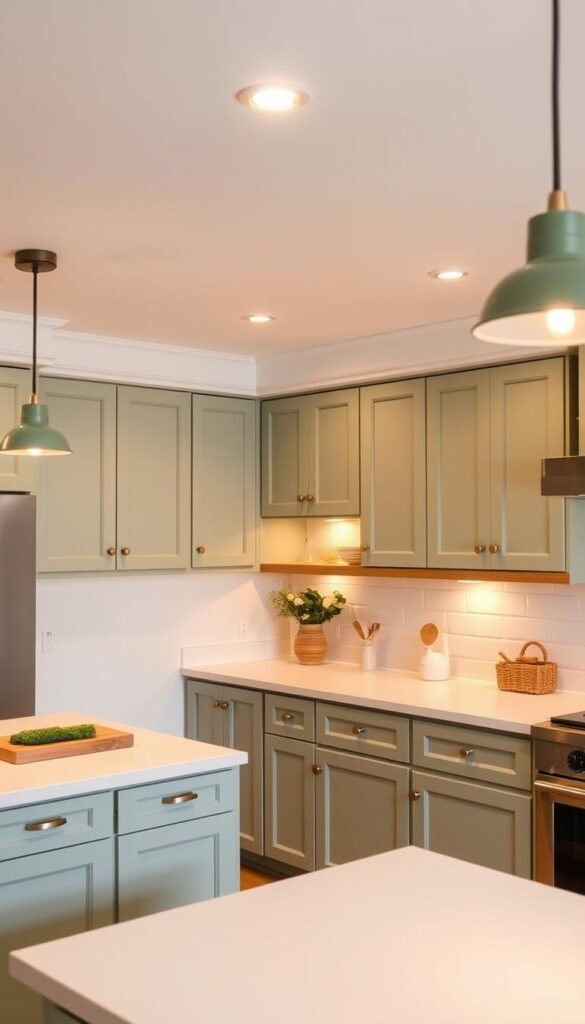 A cozy and inviting sage green kitchen, bathed in warm overhead lighting that casts a soft, ambient glow. The light fixtures, with their sleek, minimalist design, are mounted flush against the pristine white ceiling, seamlessly blending into the space. The light bounces off the smooth, satin-finish kitchen countertops, creating a gentle sheen and highlighting the natural depth of the sage green cabinetry. Strategically placed task lighting under the cabinets illuminates the work surfaces, adding functionality to the aesthetic. The overall effect is one of effortless sophistication, creating a serene and welcoming atmosphere perfect for the heart of the home. A cozy and inviting sage green kitchen, bathed in warm overhead lighting that casts a soft, ambient glow. The light fixtures, with their sleek, minimalist design, are mounted flush against the pristine white ceiling, seamlessly blending into the space. The light bounces off the smooth, satin-finish kitchen countertops, creating a gentle sheen and highlighting the natural depth of the sage green cabinetry. Strategically placed task lighting under the cabinets illuminates the work surfaces, adding functionality to the aesthetic. The overall effect is one of effortless sophistication, creating a serene and welcoming atmosphere perfect for the heart of the home.