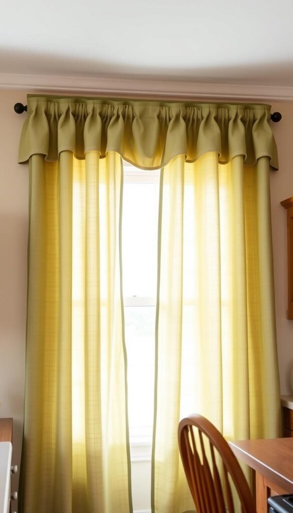 A cozy and inviting sage green kitchen curtain panel gracefully framing a large window, letting in soft natural daylight. The fabric has a subtle texture, flowing gently in a gentle breeze. The curtains are paired with matching valance and tie-backs, complementing the warm, earthy tones of the kitchen's wood accents and cream-colored walls. The space has a serene, rustic-chic ambiance, perfect for a farmhouse, cottage, or traditional kitchen theme. Shot with a wide-angle lens to capture the full scene, the lighting is soft and diffused, creating a comforting atmosphere. A cozy and inviting sage green kitchen curtain panel gracefully framing a large window, letting in soft natural daylight. The fabric has a subtle texture, flowing gently in a gentle breeze. The curtains are paired with matching valance and tie-backs, complementing the warm, earthy tones of the kitchen's wood accents and cream-colored walls. The space has a serene, rustic-chic ambiance, perfect for a farmhouse, cottage, or traditional kitchen theme. Shot with a wide-angle lens to capture the full scene, the lighting is soft and diffused, creating a comforting atmosphere.
