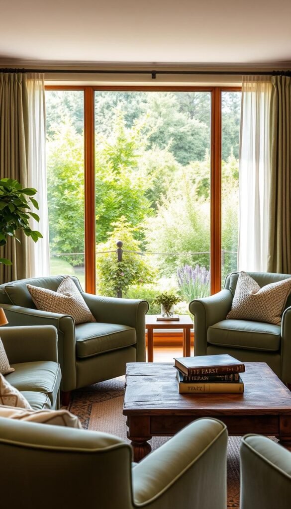 A cozy and inviting sage green living room, bathed in warm, natural lighting. In the foreground, plush sage velvet armchairs and a matching sofa, accented with textured throw pillows. On the middle ground, a rustic wooden coffee table with a bouquet of fresh herbs and a stack of vintage books. In the background, a large window overlooking a lush, verdant garden, with sheer sage curtains gently billowing in the breeze. The overall atmosphere is one of calm, sophistication, and a connection to nature. A cozy and inviting sage green living room, bathed in warm, natural lighting. In the foreground, plush sage velvet armchairs and a matching sofa, accented with textured throw pillows. On the middle ground, a rustic wooden coffee table with a bouquet of fresh herbs and a stack of vintage books. In the background, a large window overlooking a lush, verdant garden, with sheer sage curtains gently billowing in the breeze. The overall atmosphere is one of calm, sophistication, and a connection to nature.