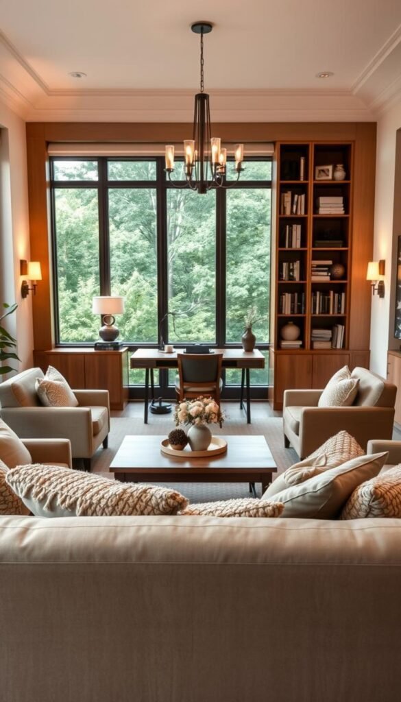 A cozy and inviting shared living room workspace with soft, plush furnishings. A large, overstuffed sofa in a muted neutral tone sits in the foreground, complemented by a pair of matching armchairs. Soft throw pillows and a plush blanket add texture and comfort. In the middle ground, a sturdy wood desk with a sleek, minimalist design provides a dedicated workspace, flanked by tall bookshelves filled with books and decorative accents. Warm, diffused lighting from sconces and a central chandelier casts a gentle glow, creating a relaxing and productive atmosphere. The background features large windows overlooking a lush, green outdoor scene, blending the indoor and outdoor spaces seamlessly. A cozy and inviting shared living room workspace with soft, plush furnishings. A large, overstuffed sofa in a muted neutral tone sits in the foreground, complemented by a pair of matching armchairs. Soft throw pillows and a plush blanket add texture and comfort. In the middle ground, a sturdy wood desk with a sleek, minimalist design provides a dedicated workspace, flanked by tall bookshelves filled with books and decorative accents. Warm, diffused lighting from sconces and a central chandelier casts a gentle glow, creating a relaxing and productive atmosphere. The background features large windows overlooking a lush, green outdoor scene, blending the indoor and outdoor spaces seamlessly.