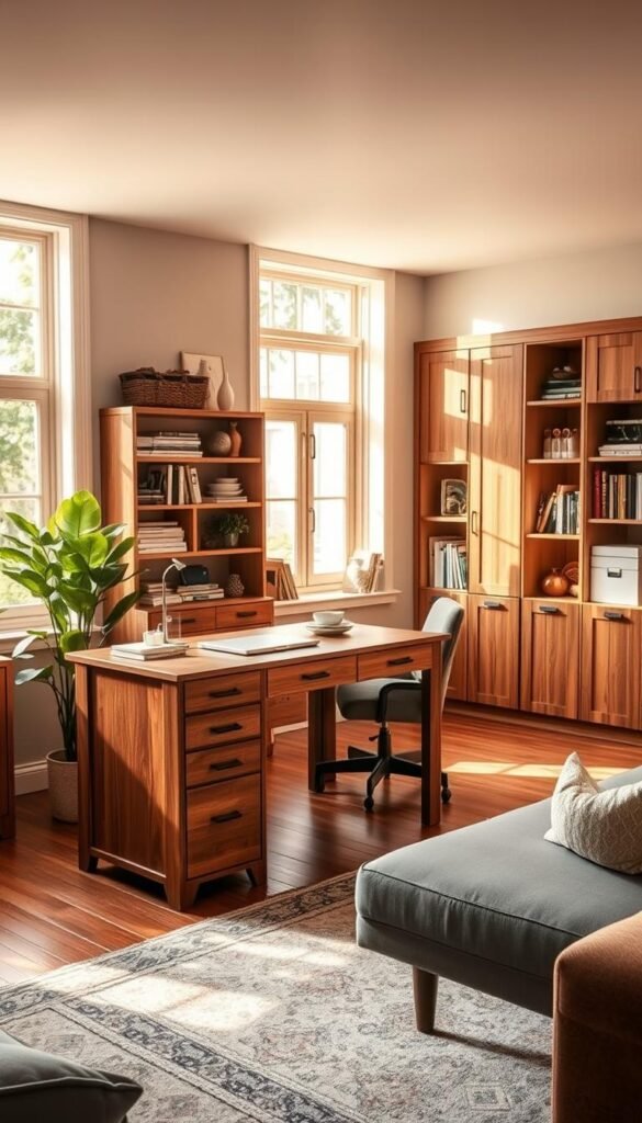 A cozy and organized living room office space, filled with stylish storage solutions. The room is bathed in warm, natural lighting from large windows, casting a soft glow on the harmonious blend of modern furniture and rustic decor. A sturdy wooden desk with sleek drawers and shelves takes center stage, complemented by a comfortable armchair and a lush indoor plant. Concealed storage units line the walls, seamlessly integrating with the room's aesthetics and providing ample space for books, files, and personal items. The overall atmosphere is one of productivity and tranquility, where work and living seamlessly coexist. A cozy and organized living room office space, filled with stylish storage solutions. The room is bathed in warm, natural lighting from large windows, casting a soft glow on the harmonious blend of modern furniture and rustic decor. A sturdy wooden desk with sleek drawers and shelves takes center stage, complemented by a comfortable armchair and a lush indoor plant. Concealed storage units line the walls, seamlessly integrating with the room's aesthetics and providing ample space for books, files, and personal items. The overall atmosphere is one of productivity and tranquility, where work and living seamlessly coexist.