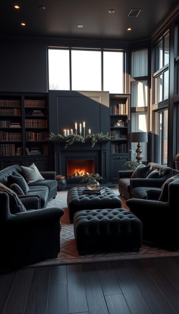 A cozy and sophisticated black living room with plush velvet sofas, deep-tufted armchairs, and a sumptuous tufted ottoman. Warm and ambient lighting casts a soft glow, creating a inviting atmosphere. A sleek black fireplace with a mantel adorned with candles and greenery is the focal point. Bookshelves line the walls, filled with leather-bound volumes. A large area rug with a geometric pattern anchors the space. Large windows allow natural light to filter in, casting shadows that add depth and dimension. The overall aesthetic is moody, elegant, and tailored, perfect for a space that exudes comfort and style. A cozy and sophisticated black living room with plush velvet sofas, deep-tufted armchairs, and a sumptuous tufted ottoman. Warm and ambient lighting casts a soft glow, creating a inviting atmosphere. A sleek black fireplace with a mantel adorned with candles and greenery is the focal point. Bookshelves line the walls, filled with leather-bound volumes. A large area rug with a geometric pattern anchors the space. Large windows allow natural light to filter in, casting shadows that add depth and dimension. The overall aesthetic is moody, elegant, and tailored, perfect for a space that exudes comfort and style.