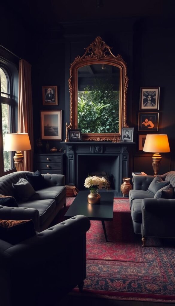 A cozy and sophisticated vintage black living room with plush velvet sofas, tufted armchairs, and a sleek mid-century modern coffee table. The room is bathed in warm, soft lighting, creating a moody, atmospheric ambiance. Ornate brass floor lamps and a grand, gilded mirror over the fireplace add elegant touches. The walls are adorned with vintage black-and-white photographs and abstract art pieces. The floor is covered in a rich, patterned area rug, completing the vintage, yet refined look. Through the window, a glimpse of a lush, overgrown garden can be seen, adding a touch of nature to the otherwise dark and masculine space. A cozy and sophisticated vintage black living room with plush velvet sofas, tufted armchairs, and a sleek mid-century modern coffee table. The room is bathed in warm, soft lighting, creating a moody, atmospheric ambiance. Ornate brass floor lamps and a grand, gilded mirror over the fireplace add elegant touches. The walls are adorned with vintage black-and-white photographs and abstract art pieces. The floor is covered in a rich, patterned area rug, completing the vintage, yet refined look. Through the window, a glimpse of a lush, overgrown garden can be seen, adding a touch of nature to the otherwise dark and masculine space.