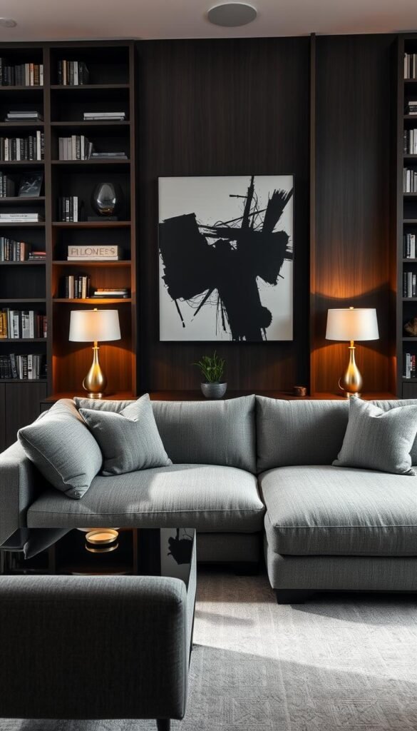 A cozy and stylish black and white living room with a mid-century modern aesthetic. A large, plush gray sectional sofa with clean lines and textured upholstery is the focal point, complemented by a sleek black coffee table with a glass top. In the background, a floor-to-ceiling bookshelf in a dark wood finish frames the space, creating a sense of depth and sophistication. Warm, indirect lighting from a pair of brass table lamps casts a soft glow, while a large, abstract black and white artwork hangs above the sofa, adding a dynamic visual element. The room is completed by a small potted plant and a minimalist rug in a subtle geometric pattern, creating a harmonious, visually striking environment. A cozy and stylish black and white living room with a mid-century modern aesthetic. A large, plush gray sectional sofa with clean lines and textured upholstery is the focal point, complemented by a sleek black coffee table with a glass top. In the background, a floor-to-ceiling bookshelf in a dark wood finish frames the space, creating a sense of depth and sophistication. Warm, indirect lighting from a pair of brass table lamps casts a soft glow, while a large, abstract black and white artwork hangs above the sofa, adding a dynamic visual element. The room is completed by a small potted plant and a minimalist rug in a subtle geometric pattern, creating a harmonious, visually striking environment.
