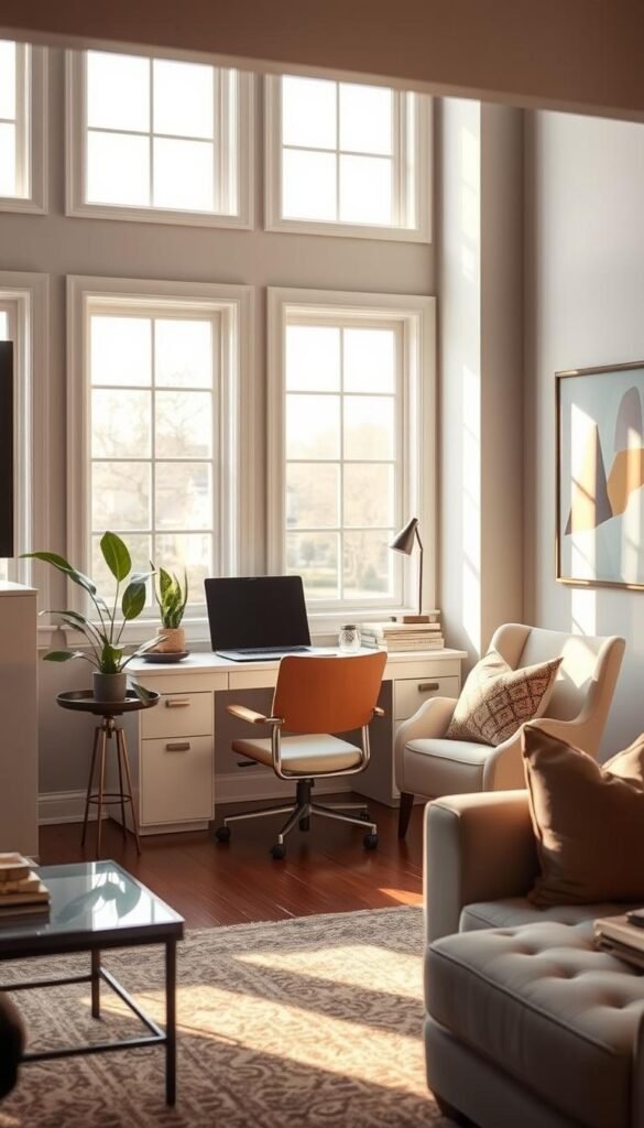 A cozy and well-appointed home office nestled within a stylish living room. Soft, natural lighting filters through large windows, casting a warm glow on the well-organized desk and comfortable lounge chair. Tasteful decor elements, such as a potted plant and a piece of abstract art, add to the harmonious ambiance. The space seamlessly blends functionality and aesthetics, showcasing how a dedicated workspace can be seamlessly integrated into a living area. The overall layout is thoughtful and visually appealing, demonstrating strategies for creating a productive yet harmonious home office within a living room setting. A cozy and well-appointed home office nestled within a stylish living room. Soft, natural lighting filters through large windows, casting a warm glow on the well-organized desk and comfortable lounge chair. Tasteful decor elements, such as a potted plant and a piece of abstract art, add to the harmonious ambiance. The space seamlessly blends functionality and aesthetics, showcasing how a dedicated workspace can be seamlessly integrated into a living area. The overall layout is thoughtful and visually appealing, demonstrating strategies for creating a productive yet harmonious home office within a living room setting.