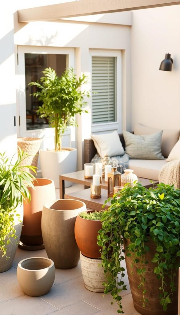A cozy and well-curated patio, bathed in warm afternoon sunlight. In the foreground, an assortment of stylish planters with lush, trailing greenery spilling over the edges. Midground, a sleek outdoor side table displays an artfully arranged selection of candles, lanterns, and decorative objects. In the background, a modern patio sofa is adorned with plush pillows and a woven throw, inviting relaxation. The scene conveys a sense of effortless sophistication, with natural textures and a neutral color palette creating a serene, inviting atmosphere perfect for an outdoor oasis. A cozy and well-curated patio, bathed in warm afternoon sunlight. In the foreground, an assortment of stylish planters with lush, trailing greenery spilling over the edges. Midground, a sleek outdoor side table displays an artfully arranged selection of candles, lanterns, and decorative objects. In the background, a modern patio sofa is adorned with plush pillows and a woven throw, inviting relaxation. The scene conveys a sense of effortless sophistication, with natural textures and a neutral color palette creating a serene, inviting atmosphere perfect for an outdoor oasis.