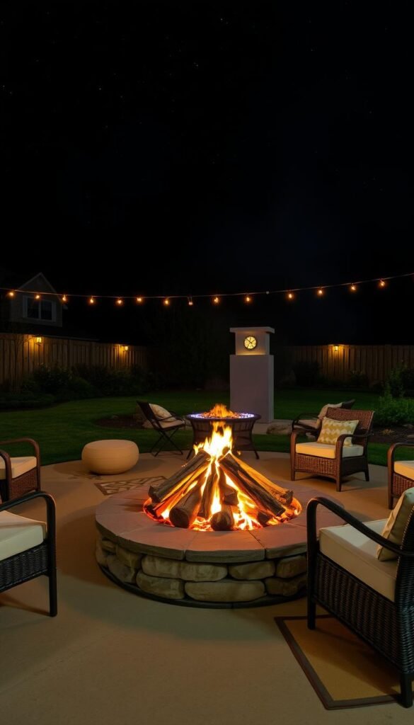 A cozy backyard fire pit, its warm glow illuminating the serene outdoor space. A circular stone foundation, surrounded by comfortable seating in natural materials like wood and wicker. The pit itself is filled with neatly stacked logs, ready to be ignited for a crackling ambiance. Overhead, the night sky is dotted with stars, while strategically placed lighting casts a soft, inviting glow across the scene. The overall atmosphere is one of relaxation and outdoor living, perfect for gatherings with family and friends on cool evenings. A cozy backyard fire pit, its warm glow illuminating the serene outdoor space. A circular stone foundation, surrounded by comfortable seating in natural materials like wood and wicker. The pit itself is filled with neatly stacked logs, ready to be ignited for a crackling ambiance. Overhead, the night sky is dotted with stars, while strategically placed lighting casts a soft, inviting glow across the scene. The overall atmosphere is one of relaxation and outdoor living, perfect for gatherings with family and friends on cool evenings.