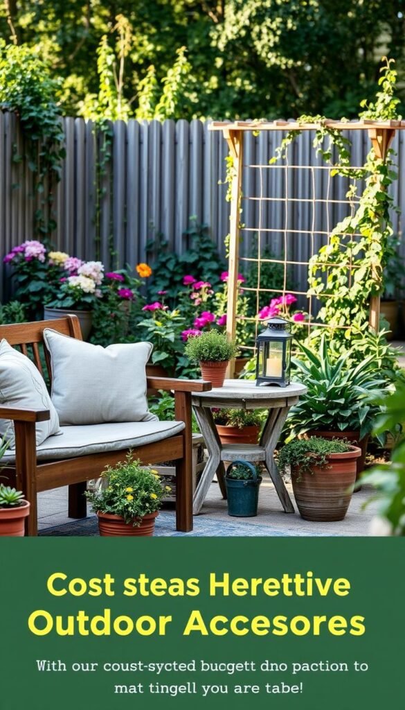 A cozy backyard scene filled with cost-effective outdoor accessories. In the foreground, a sturdy wooden bench adorned with plush cushions, surrounded by potted plants and a small outdoor rug. In the middle ground, a weathered wooden side table holds a simple lantern, casting a warm glow. In the background, a lush garden with vibrant flowers and a DIY trellis supporting climbing vines. The scene is illuminated by soft, natural lighting, creating a serene and inviting atmosphere. The overall composition emphasizes practical, budget-friendly solutions that enhance the outdoor living experience. A cozy backyard scene filled with cost-effective outdoor accessories. In the foreground, a sturdy wooden bench adorned with plush cushions, surrounded by potted plants and a small outdoor rug. In the middle ground, a weathered wooden side table holds a simple lantern, casting a warm glow. In the background, a lush garden with vibrant flowers and a DIY trellis supporting climbing vines. The scene is illuminated by soft, natural lighting, creating a serene and inviting atmosphere. The overall composition emphasizes practical, budget-friendly solutions that enhance the outdoor living experience.