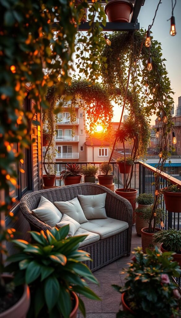 A cozy balcony transformed into an oasis of tranquility, bathed in the warm glow of a setting sun. Lush potted plants and hanging vines frame the scene, creating a serene sanctuary amidst the urban landscape. A wicker loveseat, adorned with plush cushions, invites one to relax and unwind, while delicate string lights add a touch of enchantment. The scene is captured through a wide-angle lens, emphasizing the sense of space and depth. The overall mood is one of peaceful escapism, allowing the viewer to imagine themselves immersed in this private, rejuvenating outdoor retreat. A cozy balcony transformed into an oasis of tranquility, bathed in the warm glow of a setting sun. Lush potted plants and hanging vines frame the scene, creating a serene sanctuary amidst the urban landscape. A wicker loveseat, adorned with plush cushions, invites one to relax and unwind, while delicate string lights add a touch of enchantment. The scene is captured through a wide-angle lens, emphasizing the sense of space and depth. The overall mood is one of peaceful escapism, allowing the viewer to imagine themselves immersed in this private, rejuvenating outdoor retreat.