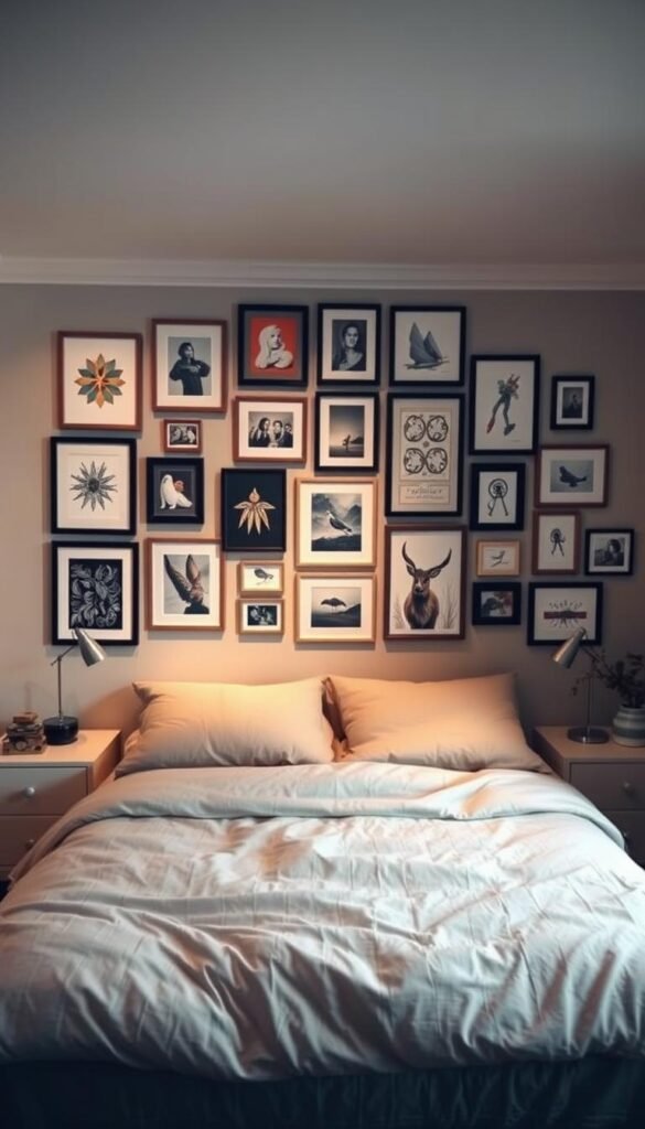 A cozy bedroom with a gallery wall taking center stage. The walls are adorned with a curated collection of framed artwork, photographs, and decorative elements in a visually striking arrangement. The lighting is soft and warm, creating a inviting and intimate atmosphere. The room features a plush, neutral-toned bed and minimalist nightstands, allowing the gallery wall to be the focal point. The overall look is stylish, chic, and perfectly suited for a space without a traditional headboard. A cozy bedroom with a gallery wall taking center stage. The walls are adorned with a curated collection of framed artwork, photographs, and decorative elements in a visually striking arrangement. The lighting is soft and warm, creating a inviting and intimate atmosphere. The room features a plush, neutral-toned bed and minimalist nightstands, allowing the gallery wall to be the focal point. The overall look is stylish, chic, and perfectly suited for a space without a traditional headboard.
