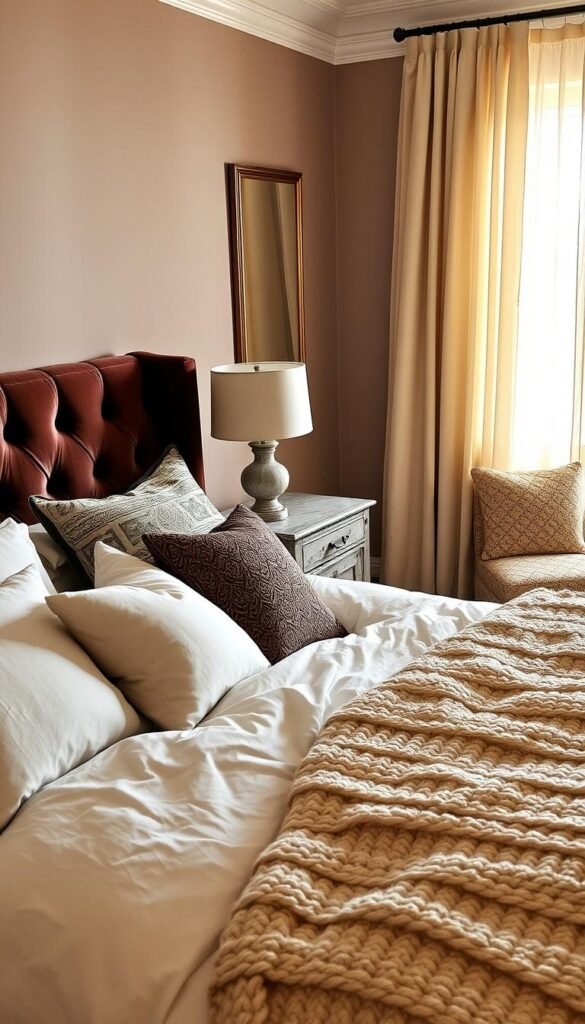 A cozy bedroom with a layered, textured interior. In the foreground, a plush, tufted velvet headboard in a deep, jewel-toned hue. Soft, linen bedding in crisp, neutral tones creates a relaxing, inviting feel. Throw pillows in various patterns and textures, from velvety brocade to chunky cable knit, add visual interest. In the middle ground, a distressed wood side table with a marble top, complemented by a vintage-inspired table lamp with a linen shade. In the background, a textured, natural-fiber area rug grounds the space, while sheer, gauzy curtains frame the window, allowing warm, diffused light to filter in. The overall mood is one of comfort, depth, and a touch of effortless elegance. A cozy bedroom with a layered, textured interior. In the foreground, a plush, tufted velvet headboard in a deep, jewel-toned hue. Soft, linen bedding in crisp, neutral tones creates a relaxing, inviting feel. Throw pillows in various patterns and textures, from velvety brocade to chunky cable knit, add visual interest. In the middle ground, a distressed wood side table with a marble top, complemented by a vintage-inspired table lamp with a linen shade. In the background, a textured, natural-fiber area rug grounds the space, while sheer, gauzy curtains frame the window, allowing warm, diffused light to filter in. The overall mood is one of comfort, depth, and a touch of effortless elegance.