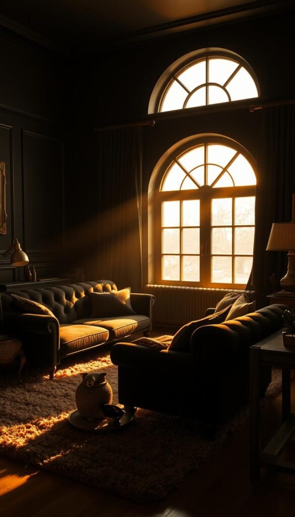 A cozy black living room with plush, velvet-upholstered furniture bathed in warm, golden light. A deep, tufted sofa and matching armchair sit atop a shaggy rug, their shadows cast dramatically across the walls. Brass lamps emit a soft, ambient glow, while a large, arched window allows natural light to filter in, casting a hazy, atmospheric hue. Layers of texture, from the woven throws to the aged, wooden side tables, create depth and visual interest. The overall mood is one of sophisticated elegance and comfortable refinement, inviting the viewer to sink into the sumptuous seating and bask in the intimate, enveloping atmosphere. A cozy black living room with plush, velvet-upholstered furniture bathed in warm, golden light. A deep, tufted sofa and matching armchair sit atop a shaggy rug, their shadows cast dramatically across the walls. Brass lamps emit a soft, ambient glow, while a large, arched window allows natural light to filter in, casting a hazy, atmospheric hue. Layers of texture, from the woven throws to the aged, wooden side tables, create depth and visual interest. The overall mood is one of sophisticated elegance and comfortable refinement, inviting the viewer to sink into the sumptuous seating and bask in the intimate, enveloping atmosphere.