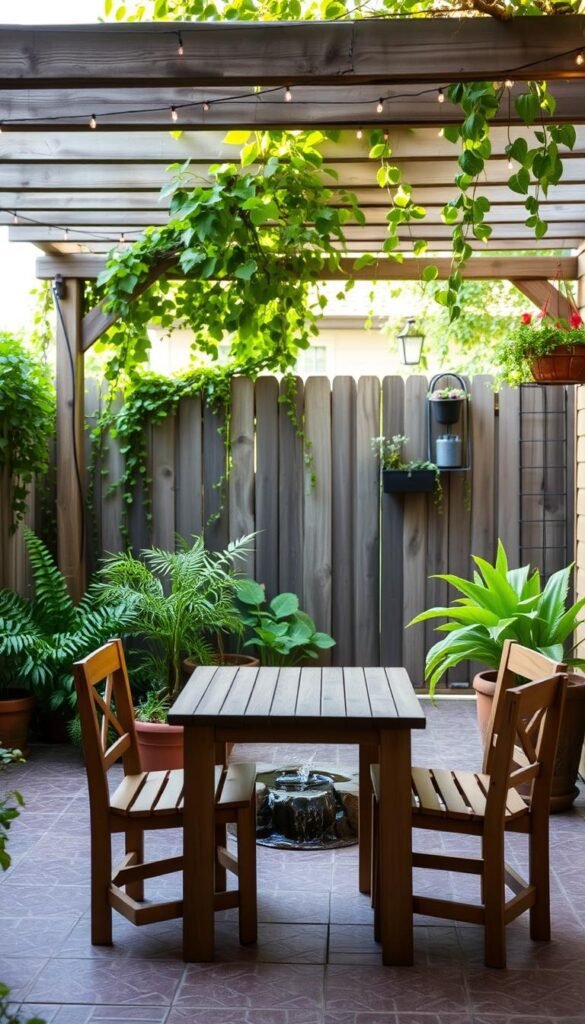 A cozy, budget-friendly patio design with a rustic, natural ambiance. In the foreground, a simple wooden table and chairs sit atop a patterned tile or stone floor. Lush, potted plants and a small water feature add a touch of greenery and tranquility. The middle ground features a weathered wooden pergola draped with cascading vines, casting soft, dappled light. In the background, a fence or wall is adorned with hanging planters and string lights, creating a warm, inviting atmosphere. The overall scene conveys a sense of relaxation and outdoor living, with a focus on repurposed, affordable materials and natural elements. A cozy, budget-friendly patio design with a rustic, natural ambiance. In the foreground, a simple wooden table and chairs sit atop a patterned tile or stone floor. Lush, potted plants and a small water feature add a touch of greenery and tranquility. The middle ground features a weathered wooden pergola draped with cascading vines, casting soft, dappled light. In the background, a fence or wall is adorned with hanging planters and string lights, creating a warm, inviting atmosphere. The overall scene conveys a sense of relaxation and outdoor living, with a focus on repurposed, affordable materials and natural elements.