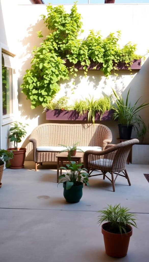 A cozy budget-friendly patio with a mix of inexpensive furniture and potted plants. A simple concrete slab flooring in the foreground, with a mid-ground seating area featuring a wicker loveseat and two matching chairs. In the background, a wall-mounted planter box overflows with lush greenery, casting soft shadows across the scene. The patio is bathed in warm, natural lighting, creating a welcoming, down-to-earth atmosphere. The overall design is minimalist yet inviting, showcasing how to create an affordable outdoor living space with a touch of personality. A cozy budget-friendly patio with a mix of inexpensive furniture and potted plants. A simple concrete slab flooring in the foreground, with a mid-ground seating area featuring a wicker loveseat and two matching chairs. In the background, a wall-mounted planter box overflows with lush greenery, casting soft shadows across the scene. The patio is bathed in warm, natural lighting, creating a welcoming, down-to-earth atmosphere. The overall design is minimalist yet inviting, showcasing how to create an affordable outdoor living space with a touch of personality.