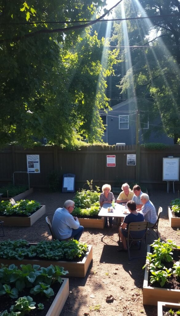 A cozy community garden setting, with a lush central vegetable patch surrounded by raised garden beds. In the foreground, a group of neighbors gather around a simple outdoor table, sharing a meal and exchanging ideas. Rays of warm afternoon sunlight filter through the canopy of mature trees overhead, casting a gentle glow. In the background, a bulletin board displays flyers for local home improvement workshops and discounted gardening supplies. The scene conveys a sense of togetherness, sustainability, and accessible resources for affordable outdoor living. A cozy community garden setting, with a lush central vegetable patch surrounded by raised garden beds. In the foreground, a group of neighbors gather around a simple outdoor table, sharing a meal and exchanging ideas. Rays of warm afternoon sunlight filter through the canopy of mature trees overhead, casting a gentle glow. In the background, a bulletin board displays flyers for local home improvement workshops and discounted gardening supplies. The scene conveys a sense of togetherness, sustainability, and accessible resources for affordable outdoor living.