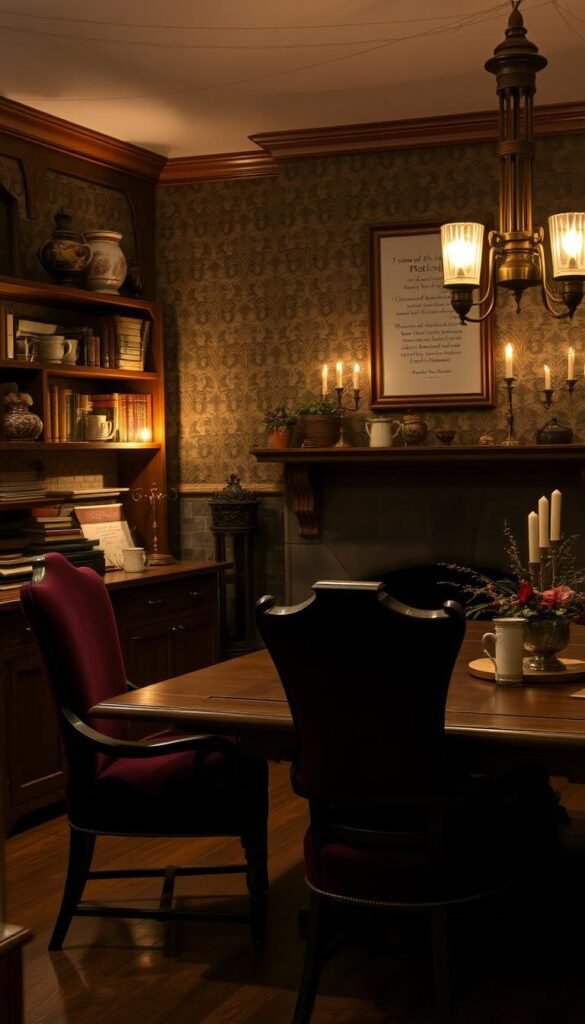 A cozy, dimly-lit kitchen bathed in the soft glow of antique lamps and candlelight. Wooden shelves display a collection of vintage books, ceramic mugs, and quills. A large oak table, worn with age, serves as a focal point, surrounded by high-backed chairs upholstered in deep burgundy velvet. Intricate Victorian-inspired wallpaper adorns the walls, complemented by a ornate fireplace mantel adorned with brass candlesticks and a framed literary quote. Potted herbs and dried flowers accent the scene, creating a serene, scholarly atmosphere perfect for contemplation and inspired work. A cozy, dimly-lit kitchen bathed in the soft glow of antique lamps and candlelight. Wooden shelves display a collection of vintage books, ceramic mugs, and quills. A large oak table, worn with age, serves as a focal point, surrounded by high-backed chairs upholstered in deep burgundy velvet. Intricate Victorian-inspired wallpaper adorns the walls, complemented by a ornate fireplace mantel adorned with brass candlesticks and a framed literary quote. Potted herbs and dried flowers accent the scene, creating a serene, scholarly atmosphere perfect for contemplation and inspired work.