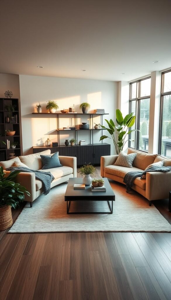 A cozy dual-couch living room bathed in warm, ambient lighting. The plush, oversized couches face each other, creating an intimate seating area centered around a modern, minimalist coffee table. Lush, verdant plants and textured throws add softness, while sleek, geometric shelving and accent pieces lend an air of sophisticated style. Large windows allow natural light to stream in, illuminating the neutral color palette and clean lines that define the space. The overall atmosphere is one of relaxation and refined comfort, inviting visitors to sink in and unwind. A cozy dual-couch living room bathed in warm, ambient lighting. The plush, oversized couches face each other, creating an intimate seating area centered around a modern, minimalist coffee table. Lush, verdant plants and textured throws add softness, while sleek, geometric shelving and accent pieces lend an air of sophisticated style. Large windows allow natural light to stream in, illuminating the neutral color palette and clean lines that define the space. The overall atmosphere is one of relaxation and refined comfort, inviting visitors to sink in and unwind.