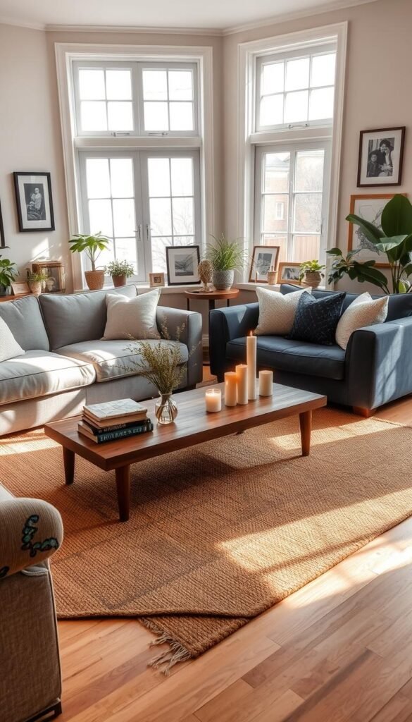 A cozy dual sofa living room, bathed in soft natural light filtering through large windows. The plush sofas, in complementary shades of gray and navy, face each other invitingly. Atop a rich, earthy area rug, a low wooden coffee table is adorned with personal touches - a stack of well-worn books, a delicate vase of fresh wildflowers, and a cluster of candles casting a warm glow. Framed artworks and family photos line the walls, creating an intimate, lived-in ambiance. Lush potted plants and textured throw pillows add pops of verdant greenery and tactile comfort. An overall sense of tranquility and thoughtful curation pervades the space, reflecting the homeowner's unique style and personality. A cozy dual sofa living room, bathed in soft natural light filtering through large windows. The plush sofas, in complementary shades of gray and navy, face each other invitingly. Atop a rich, earthy area rug, a low wooden coffee table is adorned with personal touches - a stack of well-worn books, a delicate vase of fresh wildflowers, and a cluster of candles casting a warm glow. Framed artworks and family photos line the walls, creating an intimate, lived-in ambiance. Lush potted plants and textured throw pillows add pops of verdant greenery and tactile comfort. An overall sense of tranquility and thoughtful curation pervades the space, reflecting the homeowner's unique style and personality.