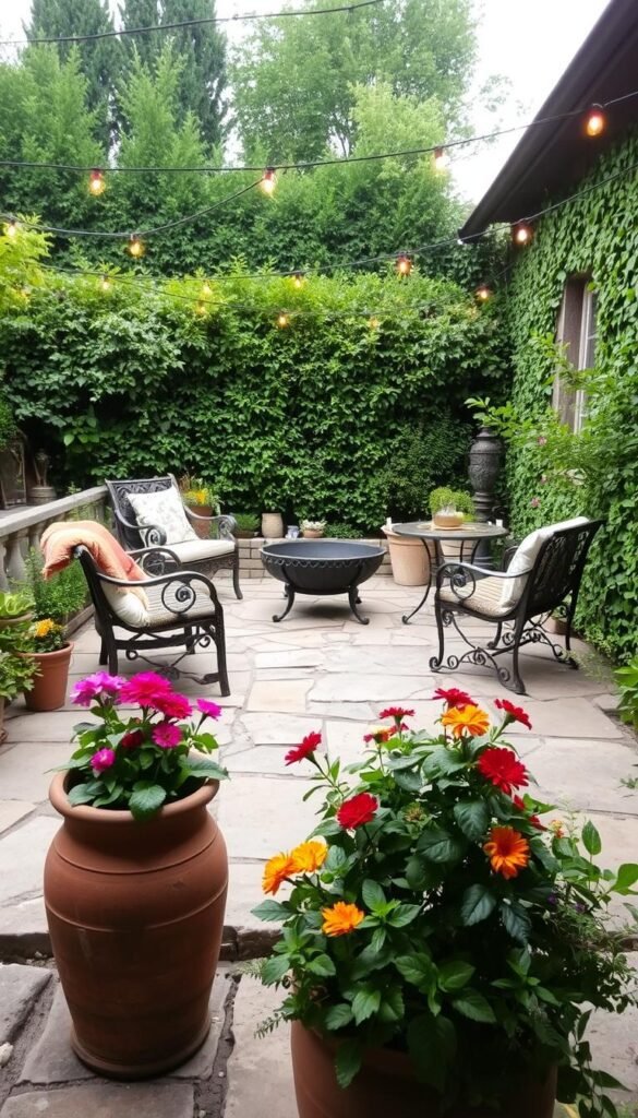 A cozy flagstone patio surrounded by lush greenery, adorned with a rustic iron fire pit, plush outdoor seating, and a selection of decorative accessories. Delicate string lights cast a warm, inviting glow, enhancing the natural ambiance. In the foreground, terracotta pots brimming with vibrant flowers add pops of color, while a weather-worn wooden bench invites relaxation. The middle ground features a wrought-iron bistro set, its intricate metalwork complementing the earthy flagstone underfoot. In the background, a wall of verdant foliage frames the scene, creating a serene, secluded retreat. A cozy flagstone patio surrounded by lush greenery, adorned with a rustic iron fire pit, plush outdoor seating, and a selection of decorative accessories. Delicate string lights cast a warm, inviting glow, enhancing the natural ambiance. In the foreground, terracotta pots brimming with vibrant flowers add pops of color, while a weather-worn wooden bench invites relaxation. The middle ground features a wrought-iron bistro set, its intricate metalwork complementing the earthy flagstone underfoot. In the background, a wall of verdant foliage frames the scene, creating a serene, secluded retreat.