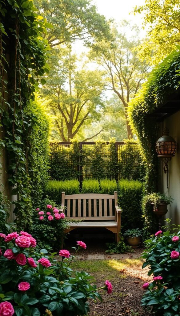 A cozy garden oasis with lush vegetation creating a sense of privacy. In the foreground, a quaint wooden bench nestled among vibrant blooms and trailing vines. In the middle ground, neatly trimmed hedges and decorative potted plants form a natural privacy screen. The background features a verdant canopy of trees, allowing dappled sunlight to filter through. The scene is bathed in a warm, golden glow, conveying a serene and tranquil atmosphere. The camera angle is slightly elevated, capturing the intimate and inviting nature of this small, private outdoor retreat. A cozy garden oasis with lush vegetation creating a sense of privacy. In the foreground, a quaint wooden bench nestled among vibrant blooms and trailing vines. In the middle ground, neatly trimmed hedges and decorative potted plants form a natural privacy screen. The background features a verdant canopy of trees, allowing dappled sunlight to filter through. The scene is bathed in a warm, golden glow, conveying a serene and tranquil atmosphere. The camera angle is slightly elevated, capturing the intimate and inviting nature of this small, private outdoor retreat.