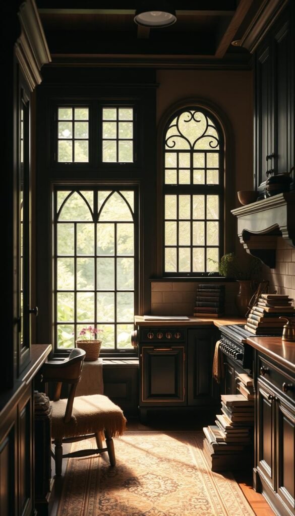 A cozy, intimate kitchen bathed in warm, mellow lighting. Elegant dark wood cabinetry and a vintage-inspired ceramic tile backsplash create a timeless, academic ambiance. A large, ornate window frames a serene garden view, casting soft natural light across the space. Antique brass hardware and a central, cast-iron stove evoke a sense of old-world charm. Plush, earth-toned textiles and a worn, Persian-style rug lend a touch of lived-in comfort. A small writing desk in the corner, piled high with leather-bound books, invites contemplation and quiet study. This is a kitchen that nourishes both the body and the mind. A cozy, intimate kitchen bathed in warm, mellow lighting. Elegant dark wood cabinetry and a vintage-inspired ceramic tile backsplash create a timeless, academic ambiance. A large, ornate window frames a serene garden view, casting soft natural light across the space. Antique brass hardware and a central, cast-iron stove evoke a sense of old-world charm. Plush, earth-toned textiles and a worn, Persian-style rug lend a touch of lived-in comfort. A small writing desk in the corner, piled high with leather-bound books, invites contemplation and quiet study. This is a kitchen that nourishes both the body and the mind.