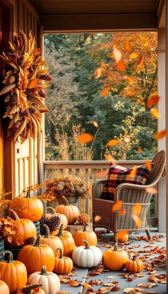 A cozy, inviting autumn scene with a front porch decorated in warm, rustic tones. In the foreground, a large wreath made of dried leaves, pinecones, and berries hangs from the wooden door frame. Pumpkins and gourds of various shapes and sizes are arranged on the porch steps, their vibrant colors catching the soft, golden light. A pair of plaid throw pillows sit on a wicker chair, hinting at the comfort within. In the middle ground, a swirl of falling leaves dances in the gentle breeze, their hues of orange, red, and yellow creating a mesmerizing natural tapestry. Beyond the porch, a lush, forested background frames the scene, the trees' autumnal foliage casting a serene, autumnal ambiance. Overall, a cozy, inviting, and quintessentially fall-themed outdoor display. A cozy, inviting autumn scene with a front porch decorated in warm, rustic tones. In the foreground, a large wreath made of dried leaves, pinecones, and berries hangs from the wooden door frame. Pumpkins and gourds of various shapes and sizes are arranged on the porch steps, their vibrant colors catching the soft, golden light. A pair of plaid throw pillows sit on a wicker chair, hinting at the comfort within. In the middle ground, a swirl of falling leaves dances in the gentle breeze, their hues of orange, red, and yellow creating a mesmerizing natural tapestry. Beyond the porch, a lush, forested background frames the scene, the trees' autumnal foliage casting a serene, autumnal ambiance. Overall, a cozy, inviting, and quintessentially fall-themed outdoor display.