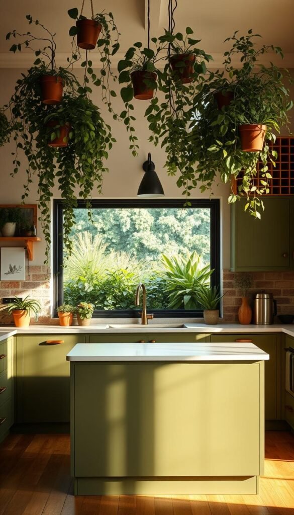A cozy, inviting kitchen filled with lush greenery and natural textures. In the foreground, a sage green kitchen island topped with a minimalist white countertop, surrounded by sleek cabinetry in a complementary olive hue. Trailing vines and potted plants cascade from floating shelves, casting warm, dappled light across the scene. The middle ground features a large window overlooking a verdant garden, the soft glow of natural daylight illuminating the space. In the background, a brick backsplash in earthy tones provides a rustic contrast to the modern, streamlined elements. The overall atmosphere is one of serene, botanical elegance, perfectly complementing the timeless beauty of the sage green kitchen island. A cozy, inviting kitchen filled with lush greenery and natural textures. In the foreground, a sage green kitchen island topped with a minimalist white countertop, surrounded by sleek cabinetry in a complementary olive hue. Trailing vines and potted plants cascade from floating shelves, casting warm, dappled light across the scene. The middle ground features a large window overlooking a verdant garden, the soft glow of natural daylight illuminating the space. In the background, a brick backsplash in earthy tones provides a rustic contrast to the modern, streamlined elements. The overall atmosphere is one of serene, botanical elegance, perfectly complementing the timeless beauty of the sage green kitchen island.