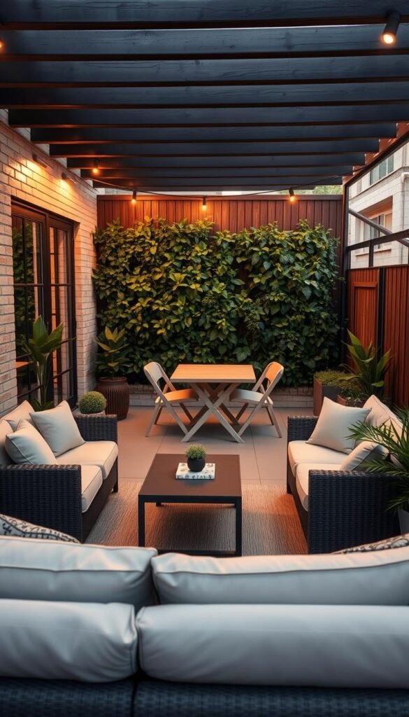 A cozy, inviting outdoor sanctuary filled with practical yet stylish furnishings. In the foreground, a small-scale modular sofa set with plush cushions and a sleek coffee table. Midsection showcases a compact dining set with a simple, weatherproof table and stackable chairs. In the background, a vertical garden wall adds a lush, verdant touch. Soft lighting from discreet overhead fixtures creates a warm, intimate ambiance. The scene is bathed in the golden glow of sunset, captured through a wide-angle lens to emphasize the efficient use of limited space. An affordable, functional oasis that makes the most of a compact backyard or balcony. A cozy, inviting outdoor sanctuary filled with practical yet stylish furnishings. In the foreground, a small-scale modular sofa set with plush cushions and a sleek coffee table. Midsection showcases a compact dining set with a simple, weatherproof table and stackable chairs. In the background, a vertical garden wall adds a lush, verdant touch. Soft lighting from discreet overhead fixtures creates a warm, intimate ambiance. The scene is bathed in the golden glow of sunset, captured through a wide-angle lens to emphasize the efficient use of limited space. An affordable, functional oasis that makes the most of a compact backyard or balcony.
