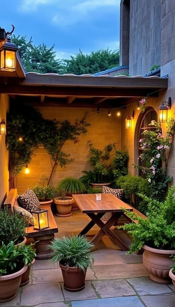 A cozy, inviting outdoor seating area with natural wood furniture and lush greenery. A small, uncovered patio with a simple wood or stone table and bench set, surrounded by potted plants, shrubs, and a few flowering vines climbing up the walls. Warm, soft lighting from lanterns or string lights creates a relaxing ambiance. The scene is illuminated by natural daylight, with a slightly overcast sky that casts gentle shadows. The overall aesthetic is rustic, earthy, and budget-friendly, showcasing how a small outdoor space can be transformed into a serene and inviting retreat. A cozy, inviting outdoor seating area with natural wood furniture and lush greenery. A small, uncovered patio with a simple wood or stone table and bench set, surrounded by potted plants, shrubs, and a few flowering vines climbing up the walls. Warm, soft lighting from lanterns or string lights creates a relaxing ambiance. The scene is illuminated by natural daylight, with a slightly overcast sky that casts gentle shadows. The overall aesthetic is rustic, earthy, and budget-friendly, showcasing how a small outdoor space can be transformed into a serene and inviting retreat.