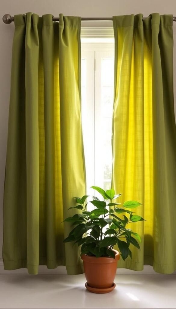 A cozy kitchen window with lush, flowing sage green curtains billowing in the soft morning light. The curtains are made of a subtly textured, mid-weight fabric that gently cascades over the window frame, casting a warm, natural glow throughout the space. The curtains are paired with a classic white wood windowsill, adding a touch of timeless elegance. In the foreground, a potted plant sits on the sill, its vibrant green leaves creating a harmonious color palette. The overall scene evokes a sense of tranquility and comfort, perfectly capturing the essence of a welcoming, sage-toned kitchen space. A cozy kitchen window with lush, flowing sage green curtains billowing in the soft morning light. The curtains are made of a subtly textured, mid-weight fabric that gently cascades over the window frame, casting a warm, natural glow throughout the space. The curtains are paired with a classic white wood windowsill, adding a touch of timeless elegance. In the foreground, a potted plant sits on the sill, its vibrant green leaves creating a harmonious color palette. The overall scene evokes a sense of tranquility and comfort, perfectly capturing the essence of a welcoming, sage-toned kitchen space.