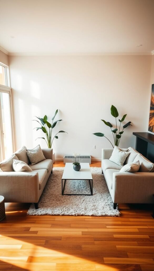 A cozy living room with two plush couches arranged in a symmetrical layout, bathed in warm, diffused lighting that creates a inviting ambiance. The hardwood flooring is complemented by a fluffy rug and a sleek, minimalist coffee table in the center. Tall, leafy plants in the corners add a touch of nature, while large windows allow natural light to stream in, illuminating the room's neutral color palette of beiges, grays, and soft blues. The overall composition feels balanced, welcoming, and conducive to relaxation and conversation between friends and family. A cozy living room with two plush couches arranged in a symmetrical layout, bathed in warm, diffused lighting that creates a inviting ambiance. The hardwood flooring is complemented by a fluffy rug and a sleek, minimalist coffee table in the center. Tall, leafy plants in the corners add a touch of nature, while large windows allow natural light to stream in, illuminating the room's neutral color palette of beiges, grays, and soft blues. The overall composition feels balanced, welcoming, and conducive to relaxation and conversation between friends and family.