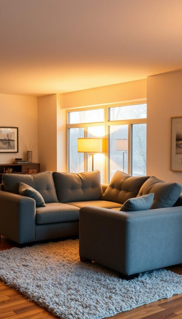 A cozy living room with two plush, matching grey couches arranged in an L-shape, creating an intimate seating area. Warm, golden lighting from a pair of tall, arched floor lamps illuminates the space, casting a soft glow and inviting atmosphere. The hardwood floors are covered by a plush, neutral-toned area rug, and the walls are adorned with subtle, nature-inspired artwork. Large windows along the back wall allow natural light to filter in, complementing the artificial lighting. The overall scene exudes a sense of comfort and relaxation, perfect for a dual-couch arrangement. A cozy living room with two plush, matching grey couches arranged in an L-shape, creating an intimate seating area. Warm, golden lighting from a pair of tall, arched floor lamps illuminates the space, casting a soft glow and inviting atmosphere. The hardwood floors are covered by a plush, neutral-toned area rug, and the walls are adorned with subtle, nature-inspired artwork. Large windows along the back wall allow natural light to filter in, complementing the artificial lighting. The overall scene exudes a sense of comfort and relaxation, perfect for a dual-couch arrangement.