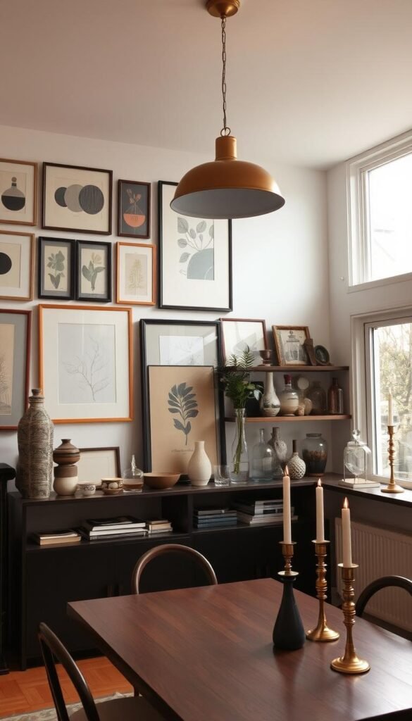A cozy mid-century modern dining room, softly lit by a vintage hanging lamp with a brass finish. The walls are adorned with a collage of framed art prints in muted tones - abstract shapes, botanical sketches, and retro-inspired patterns. Shelves display an assortment of ceramic vases, glass decanters, and brass candlesticks, casting a warm glow. The room exudes a nostalgic, lived-in atmosphere, with a hint of sophistication. Large windows allow natural light to filter in, illuminating the well-curated display of decorative elements that create a harmonious, timeless ambiance. A cozy mid-century modern dining room, softly lit by a vintage hanging lamp with a brass finish. The walls are adorned with a collage of framed art prints in muted tones - abstract shapes, botanical sketches, and retro-inspired patterns. Shelves display an assortment of ceramic vases, glass decanters, and brass candlesticks, casting a warm glow. The room exudes a nostalgic, lived-in atmosphere, with a hint of sophistication. Large windows allow natural light to filter in, illuminating the well-curated display of decorative elements that create a harmonious, timeless ambiance.