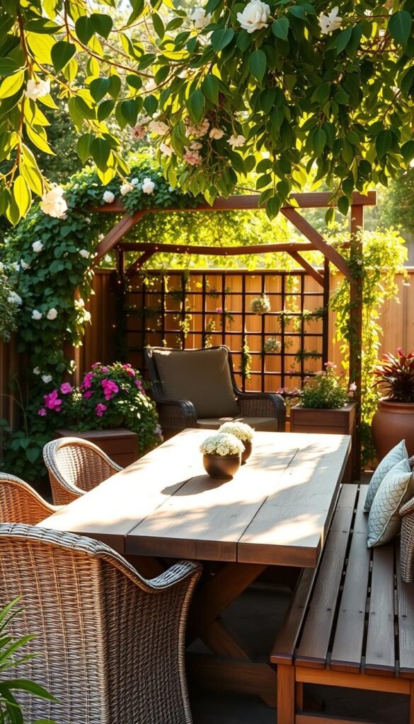 A cozy outdoor dining and entertaining space with a rustic wooden table, surrounded by lush greenery and blooming flowers. Warm sunlight filters through the leaves, casting a golden glow. Wicker chairs and teak benches invite guests to gather and enjoy the tranquil ambiance. In the background, a simple DIY pergola or trellis structure provides a charming focal point, accented by climbing vines and string lights. The scene evokes a sense of relaxation and al fresco living, perfect for hosting gatherings and creating lasting memories. A cozy outdoor dining and entertaining space with a rustic wooden table, surrounded by lush greenery and blooming flowers. Warm sunlight filters through the leaves, casting a golden glow. Wicker chairs and teak benches invite guests to gather and enjoy the tranquil ambiance. In the background, a simple DIY pergola or trellis structure provides a charming focal point, accented by climbing vines and string lights. The scene evokes a sense of relaxation and al fresco living, perfect for hosting gatherings and creating lasting memories.