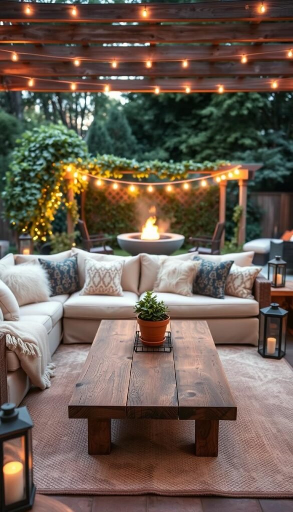 A cozy outdoor living room with a plush sectional sofa, fluffy throw pillows, and a soft rug creating a warm, inviting atmosphere. In the middle ground, a rustic DIY coffee table made from reclaimed wood, with a potted plant as a centerpiece. In the background, a pergola covered in lush greenery and string lights, suggesting a serene, magical setting. The scene is bathed in soft, warm lighting from a nearby firepit, casting a gentle glow and hinting at the coziness of the space. A pair of lanterns on either side of the seating area add to the ambient lighting. The overall impression is one of a charming, personalized outdoor oasis perfect for relaxation and entertaining. A cozy outdoor living room with a plush sectional sofa, fluffy throw pillows, and a soft rug creating a warm, inviting atmosphere. In the middle ground, a rustic DIY coffee table made from reclaimed wood, with a potted plant as a centerpiece. In the background, a pergola covered in lush greenery and string lights, suggesting a serene, magical setting. The scene is bathed in soft, warm lighting from a nearby firepit, casting a gentle glow and hinting at the coziness of the space. A pair of lanterns on either side of the seating area add to the ambient lighting. The overall impression is one of a charming, personalized outdoor oasis perfect for relaxation and entertaining.