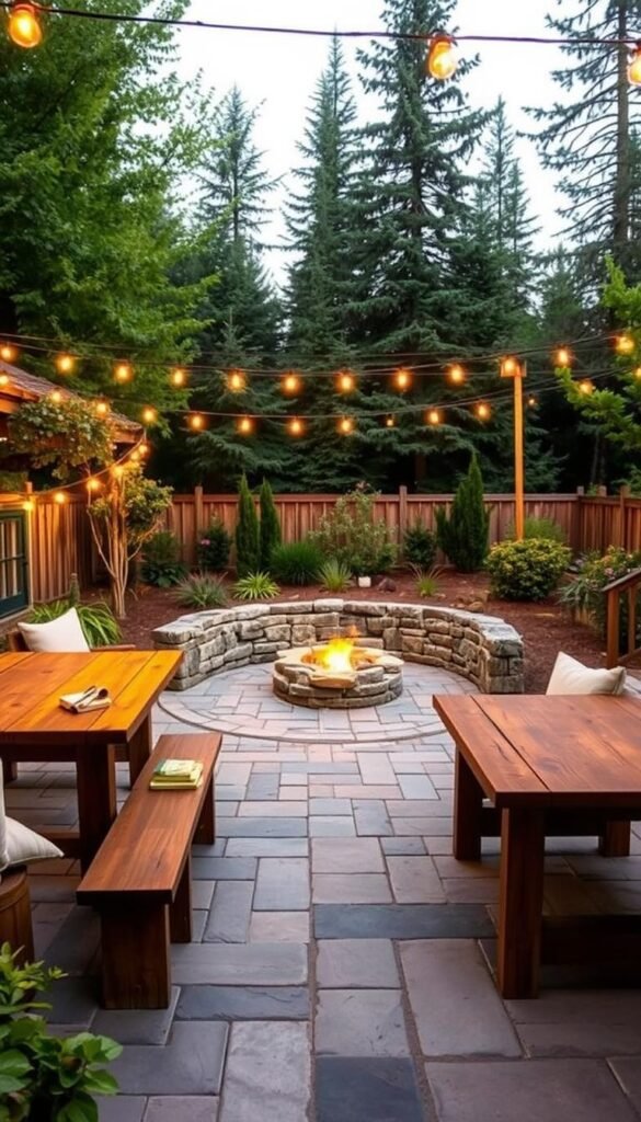 A cozy outdoor living space with a low-cost DIY patio made from reclaimed wood and stone pavers. In the foreground, a rustic wooden dining table and benches with comfy cushions. In the middle ground, a small fire pit surrounded by natural stone seating. In the background, lush greenery and tall trees create a serene, nature-inspired backdrop. Warm ambient lighting from string lights overhead casts a soft, inviting glow. The overall scene has a relaxed, casual atmosphere perfect for outdoor entertaining. A cozy outdoor living space with a low-cost DIY patio made from reclaimed wood and stone pavers. In the foreground, a rustic wooden dining table and benches with comfy cushions. In the middle ground, a small fire pit surrounded by natural stone seating. In the background, lush greenery and tall trees create a serene, nature-inspired backdrop. Warm ambient lighting from string lights overhead casts a soft, inviting glow. The overall scene has a relaxed, casual atmosphere perfect for outdoor entertaining.